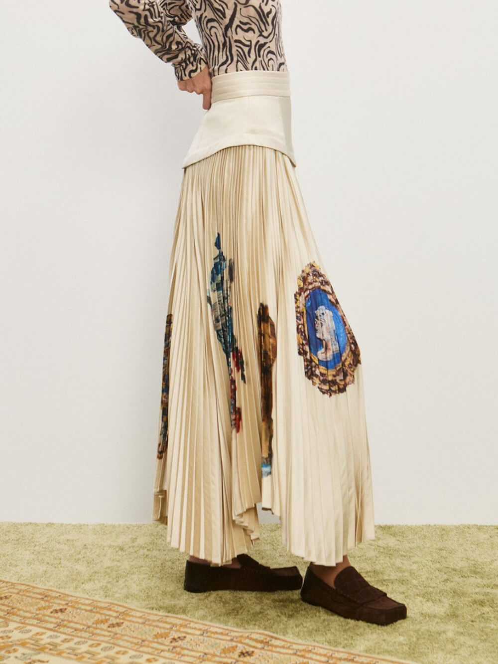 Retro Printed Ruched Patchwork Asymmetric Pleated Skirt