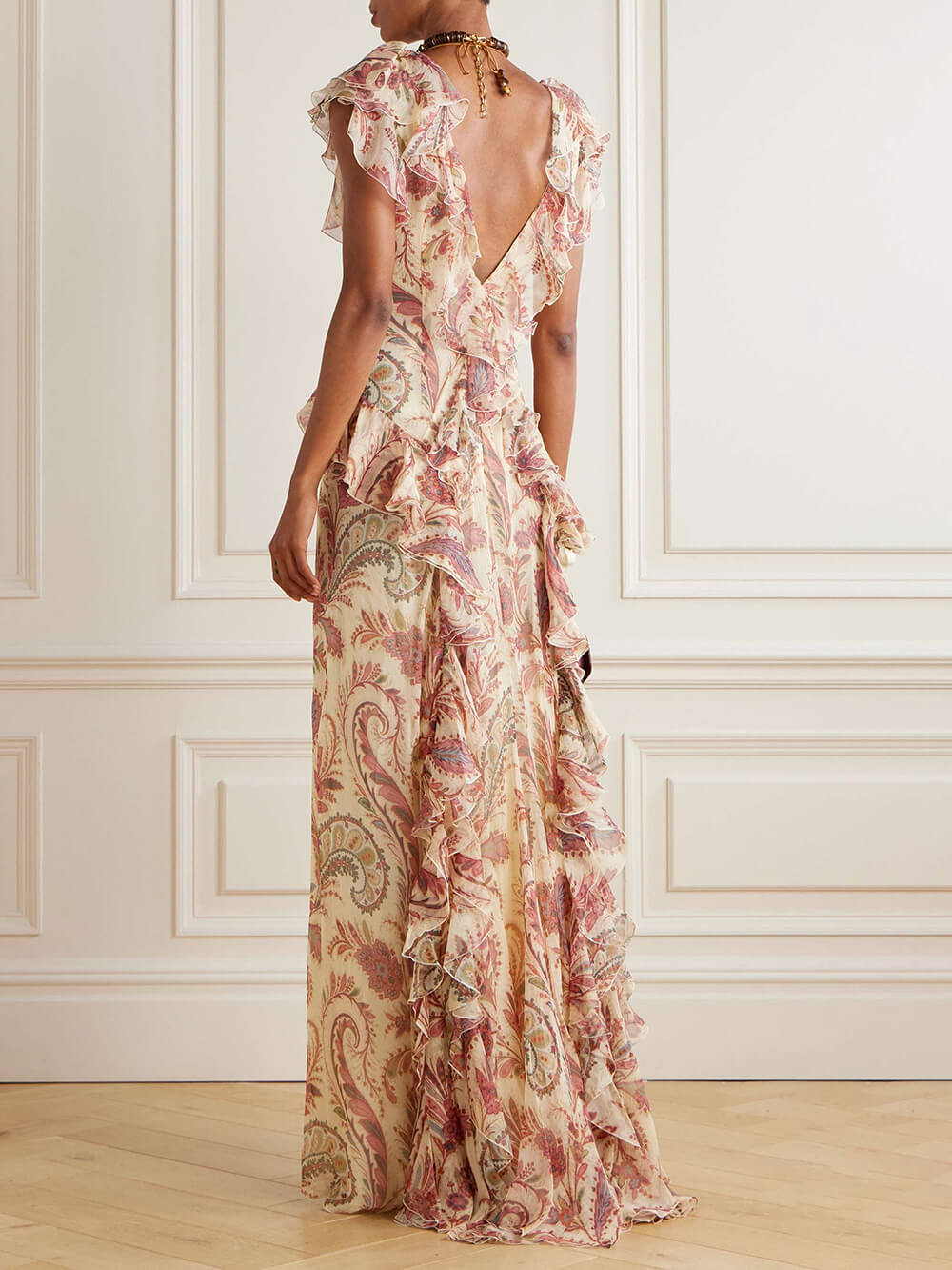Elegant Ruffled Printed Chiffon-Crepon Maxi Dress