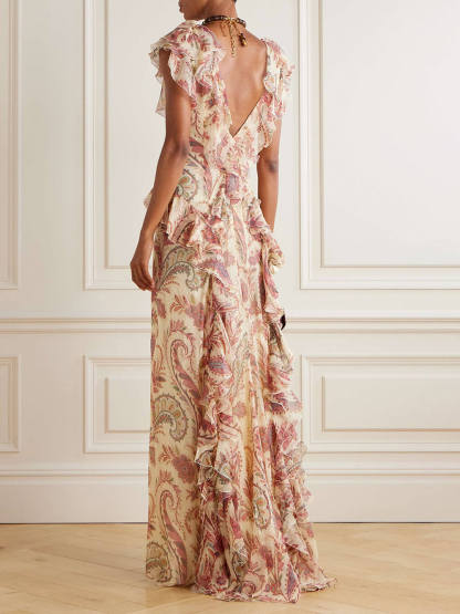 Elegant Ruffled Printed Chiffon-Crepon Maxi Dress