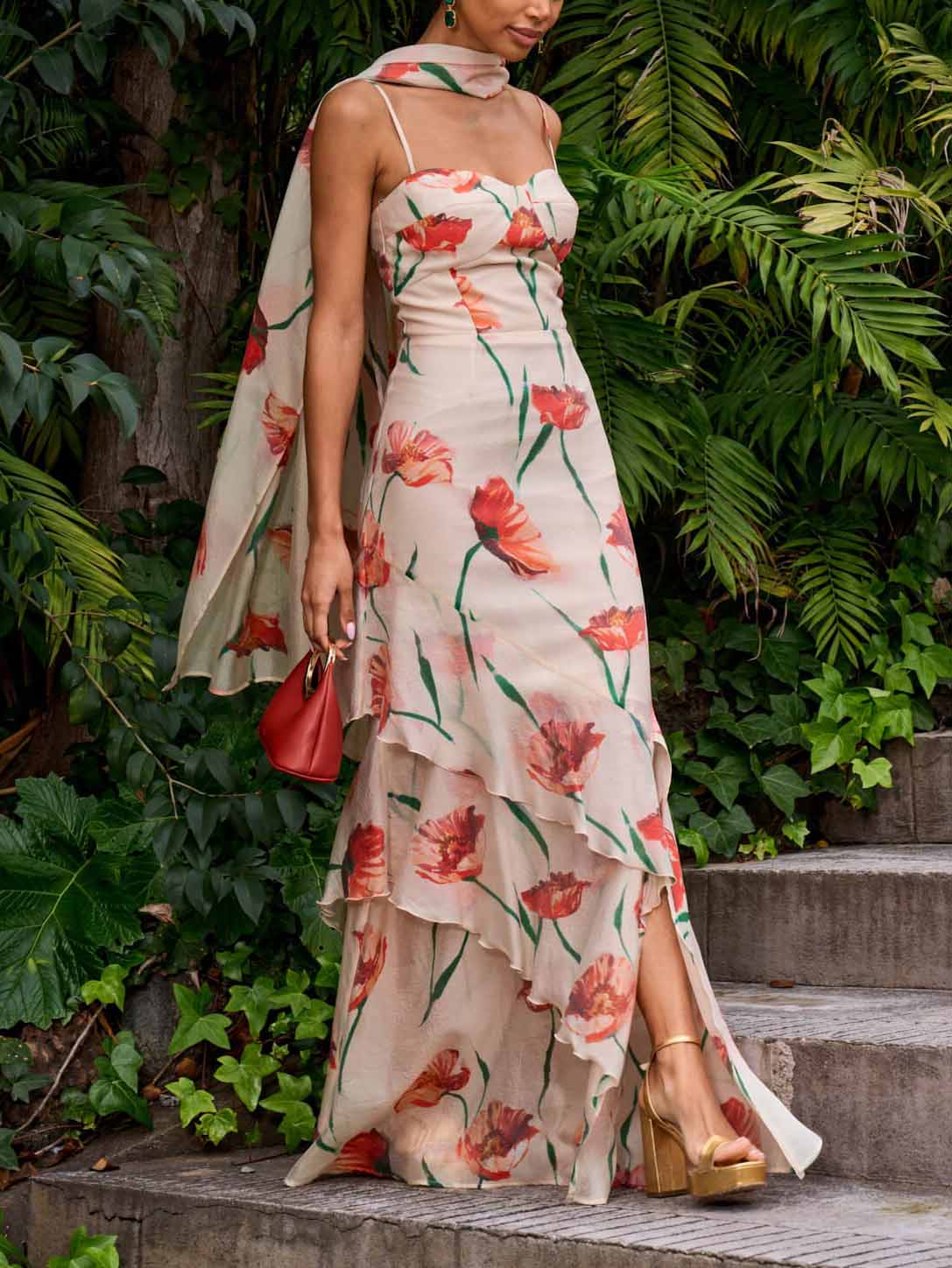 Delicate Orange Floral Print Hem Ruffle Maxi Dress