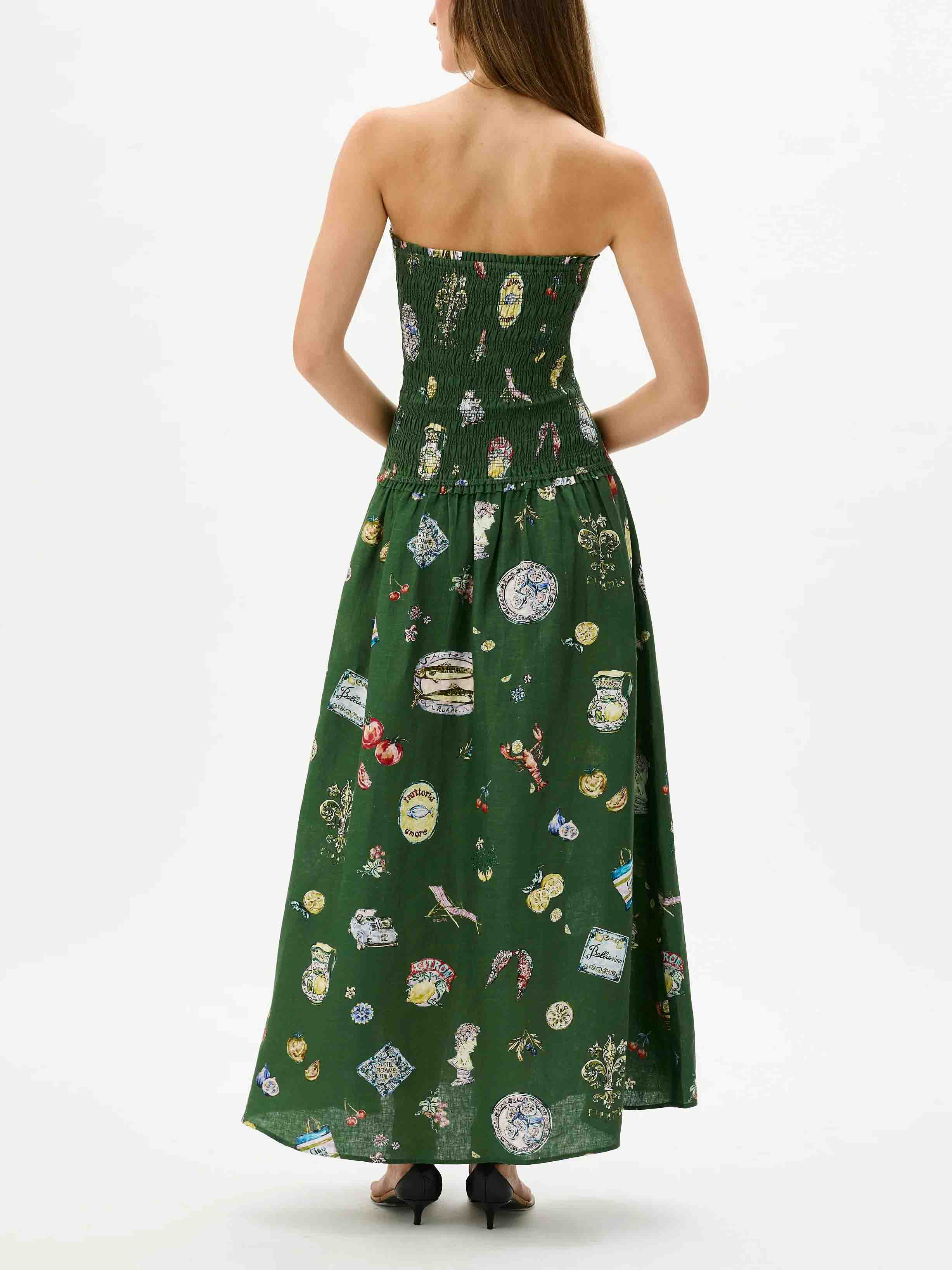 Chic Strapless Smocked Printed Holiday Maxi Dress