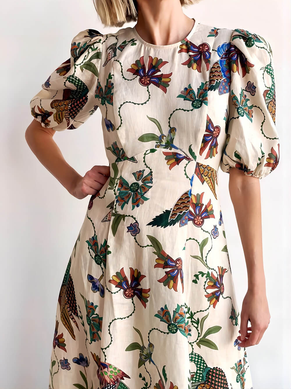 Effortless Artistic Bird Print Bodycon Dress