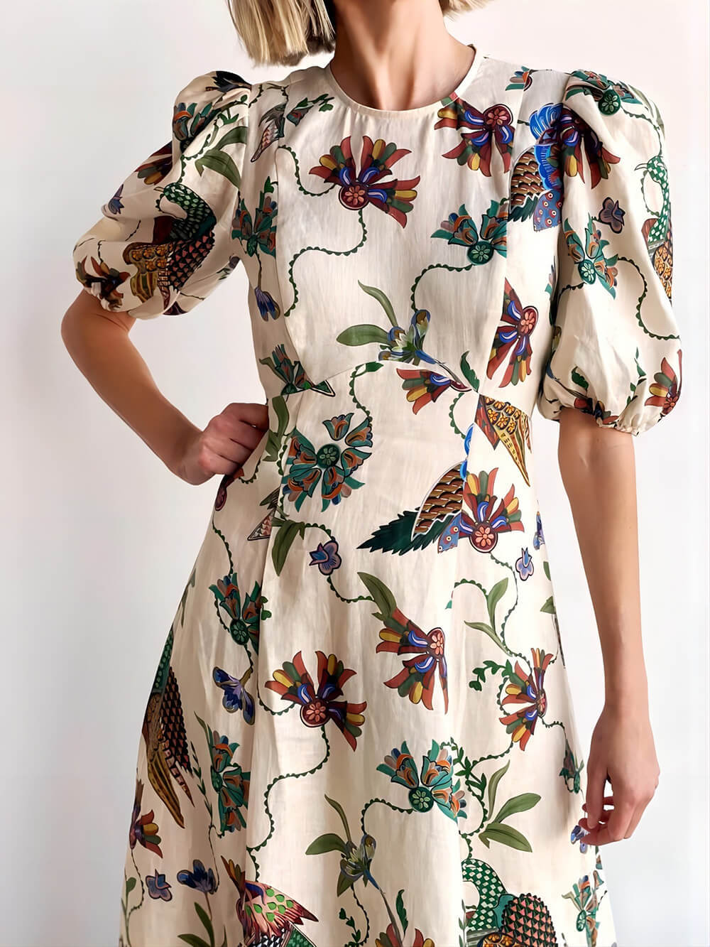 Effortless Artistic Bird Print Bodycon Dress