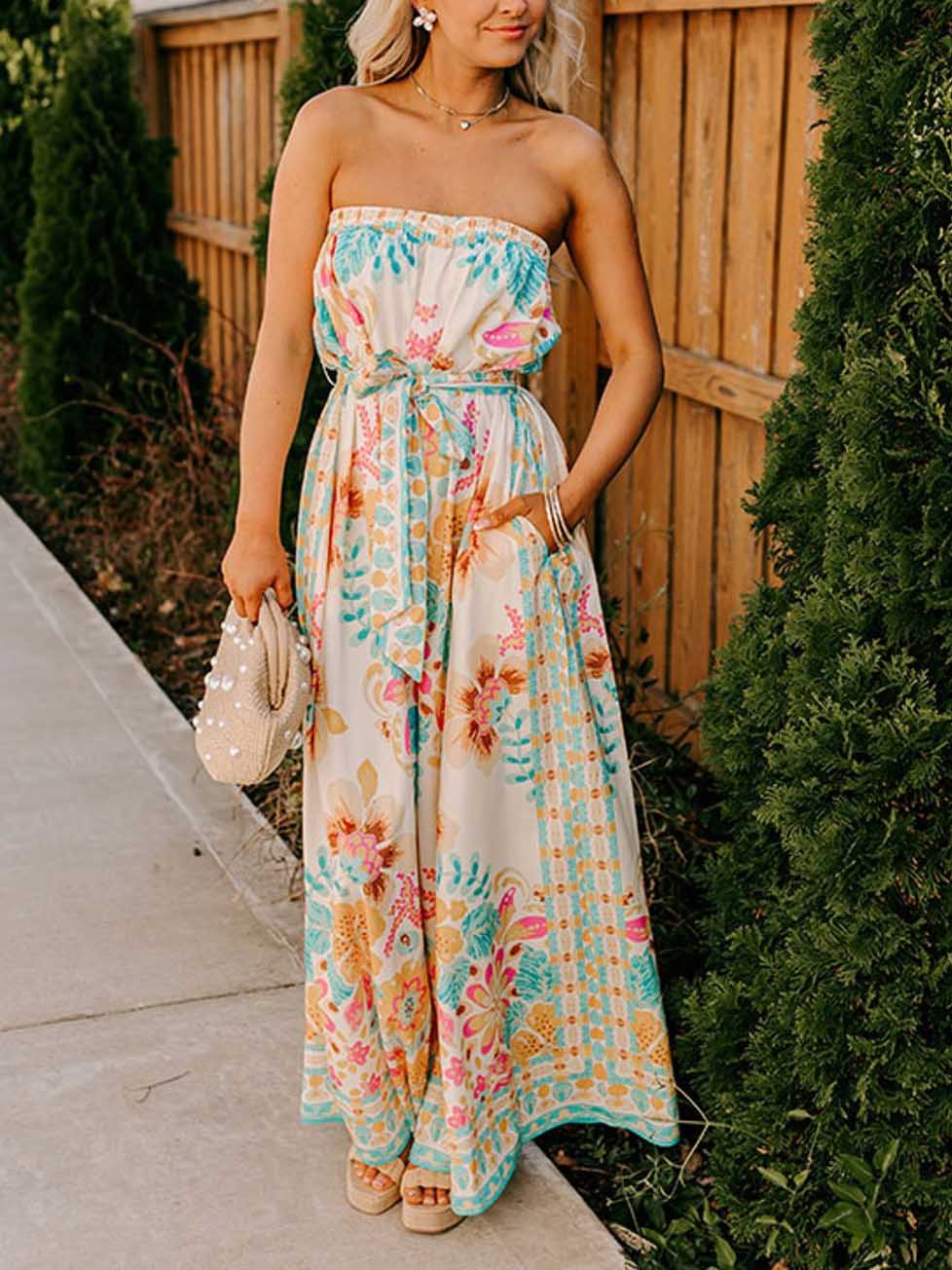 Exquisite Folk Style Printed Wrap Collar Jumpsuit