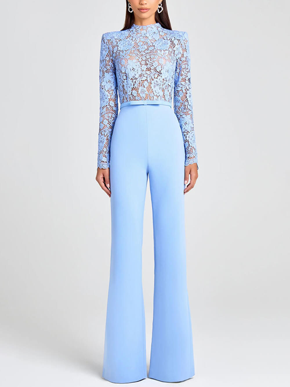 Elegant Party Charmer Flower Lace Patchwork Long Sleeve Bow Belted Flare Jumpsuit