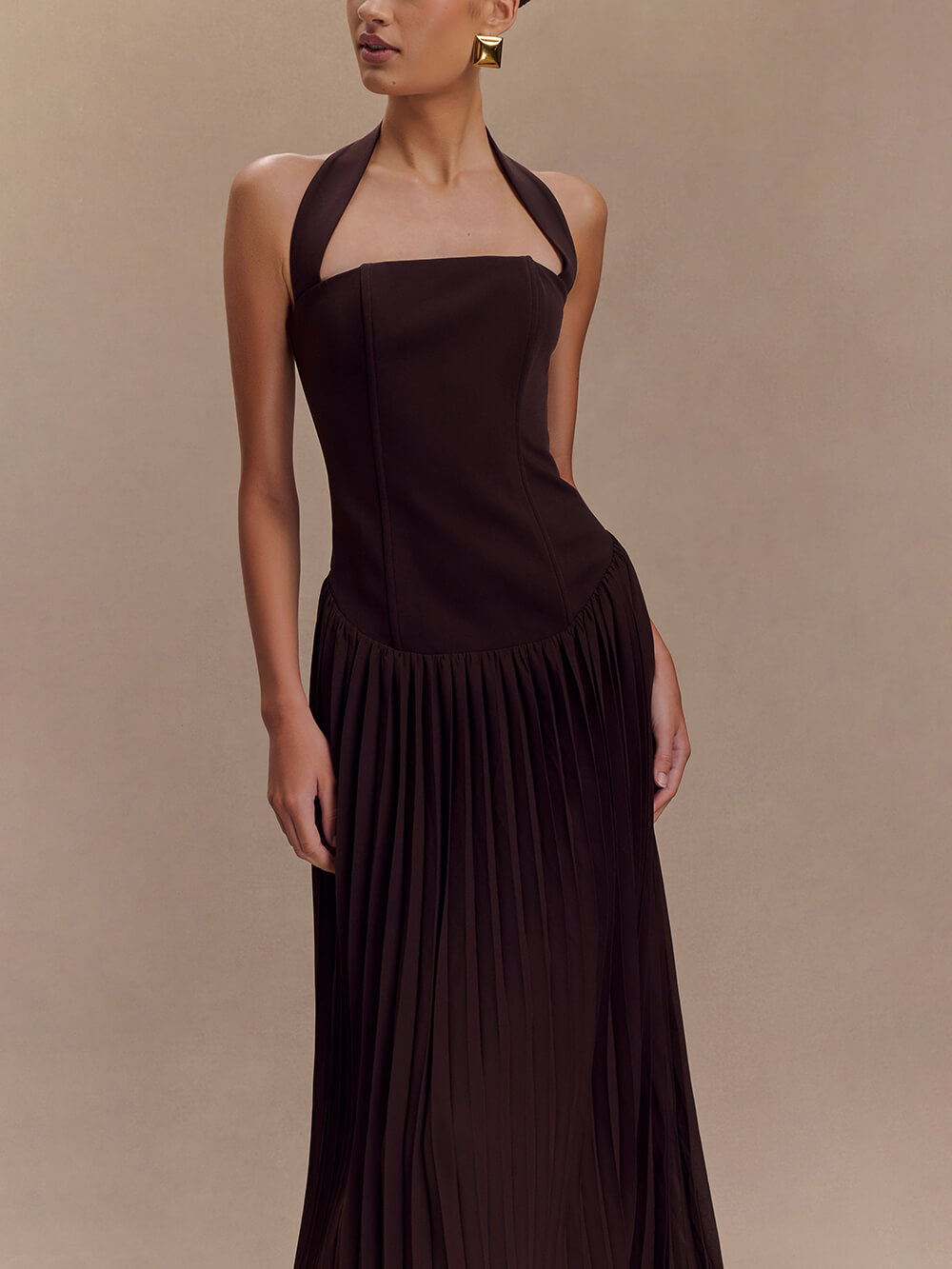 Elegant Pleated Halter Neck Maxi Dress