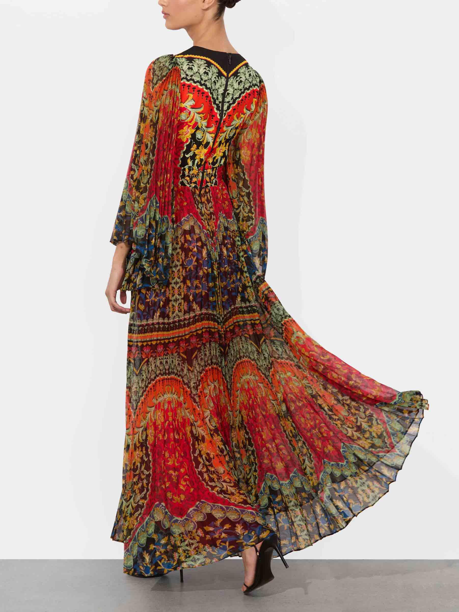 Elegant Vintage Floral Print V-Neck Pleated Maxi Dress