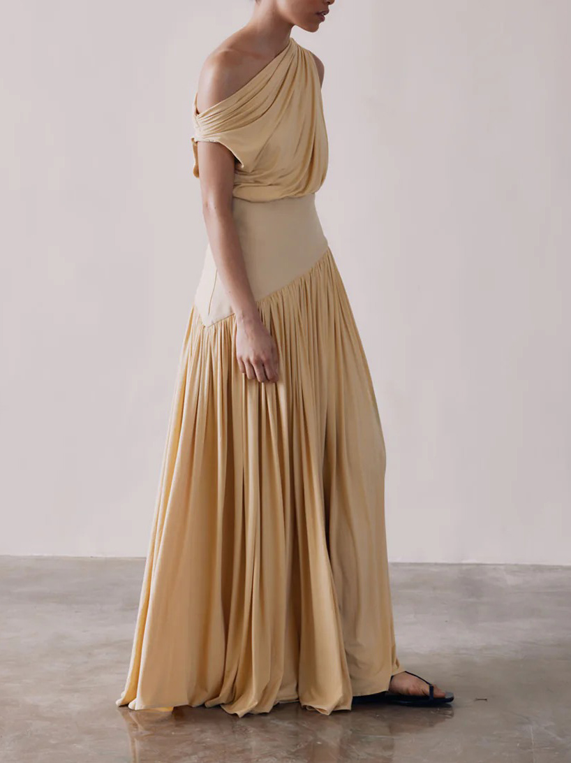 Elegant Draped One-Shoulder Pleated Maxi Dress