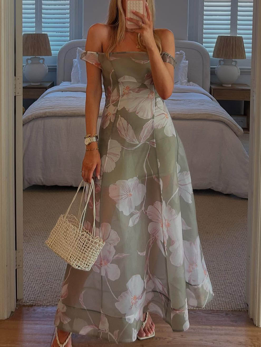 Elegant Off-Shoulder Floral Print Chiffon Maxi Dress
