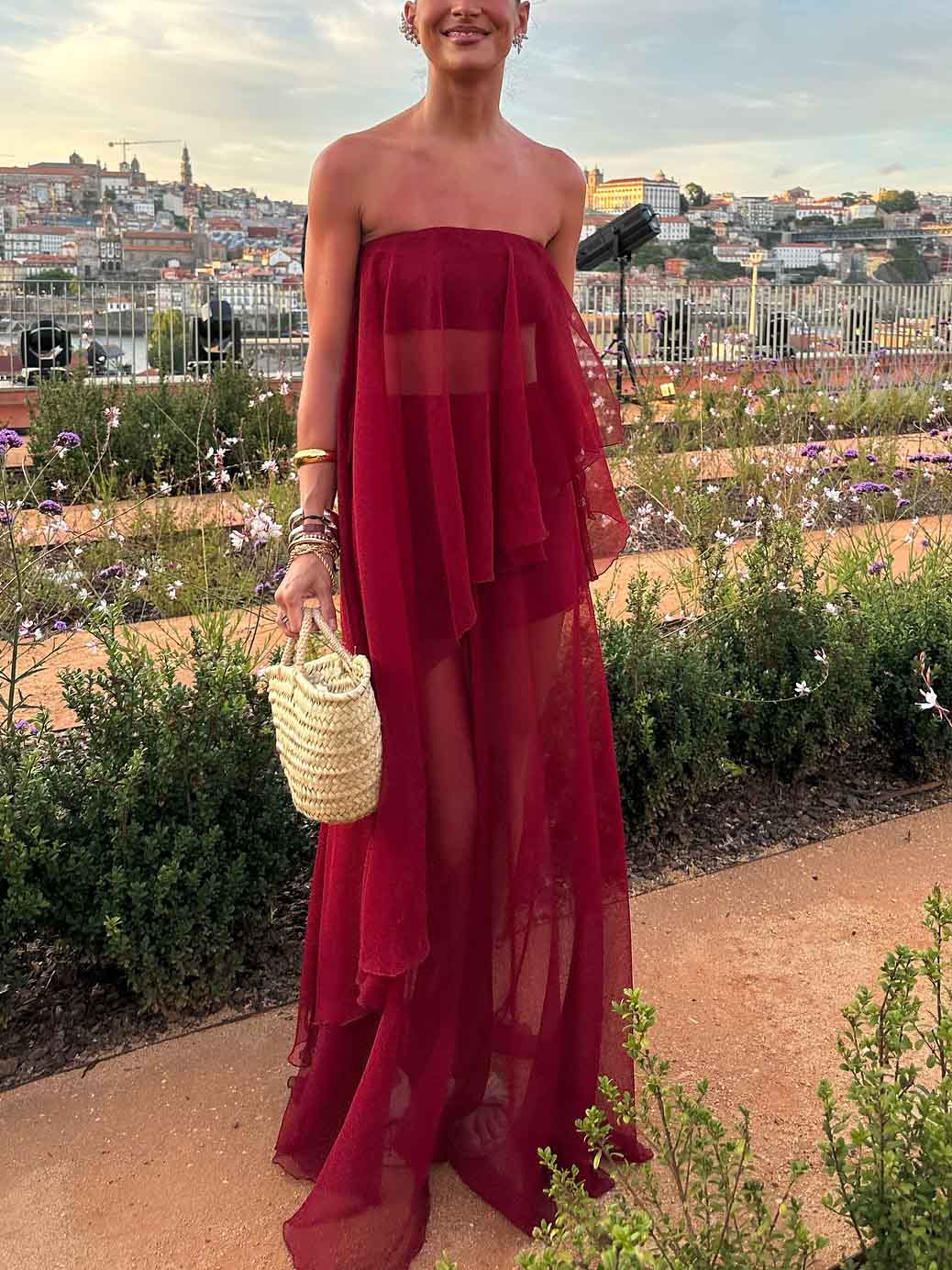 Elegant Strapless Layered Sheer Chiffon Two-Piece Set