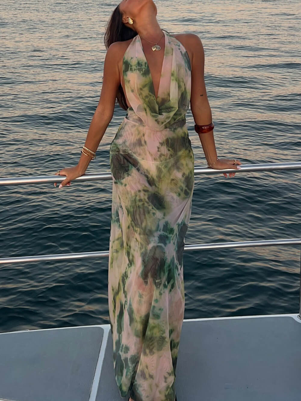Exquisite Draped Neck Tie-Dye Backless Maxi Dress