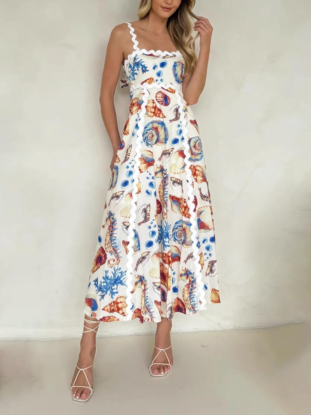 Casual Printed Suspenders Patchwork Loose Holiday Maxi Dress