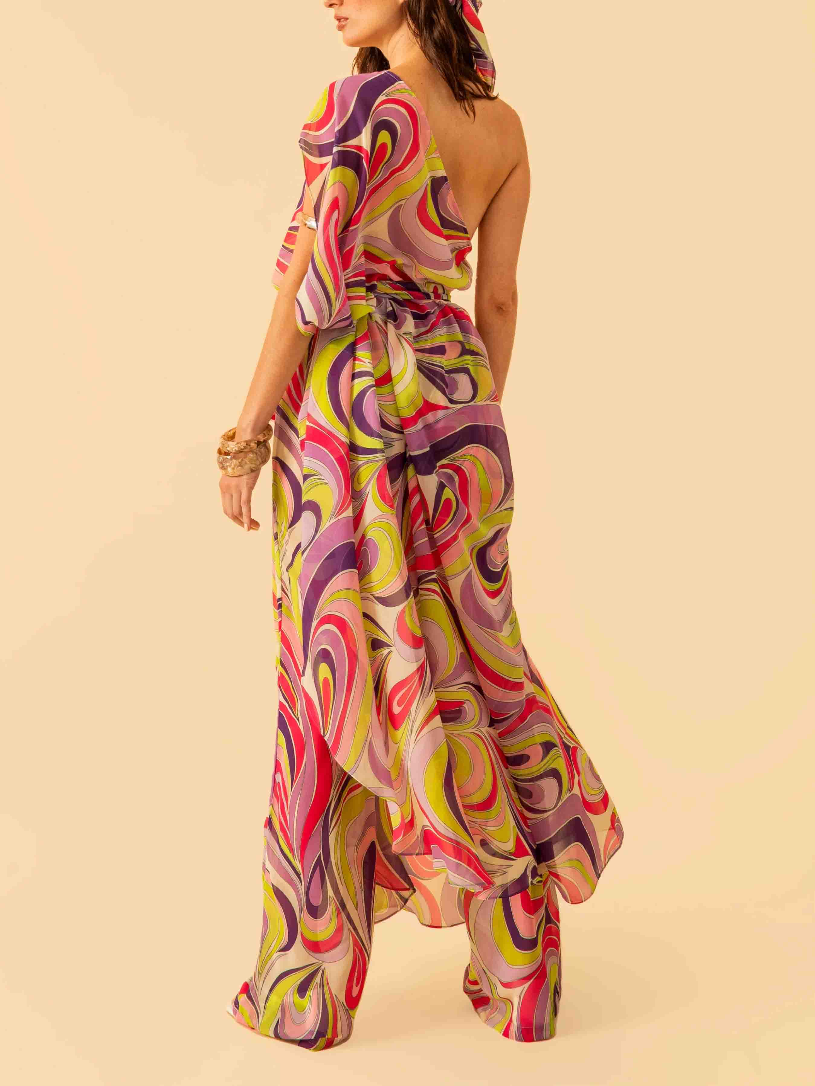 Unique Psychedelic Swirl Print Halter Top And Wide-Leg Pants Set