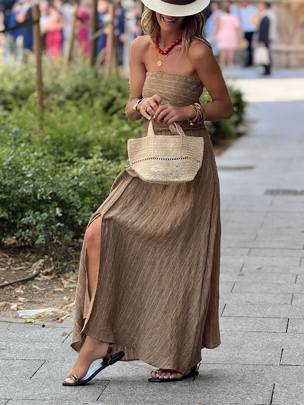 Retro Unique Striped Print Ruched Slit Linen Maxi Dress