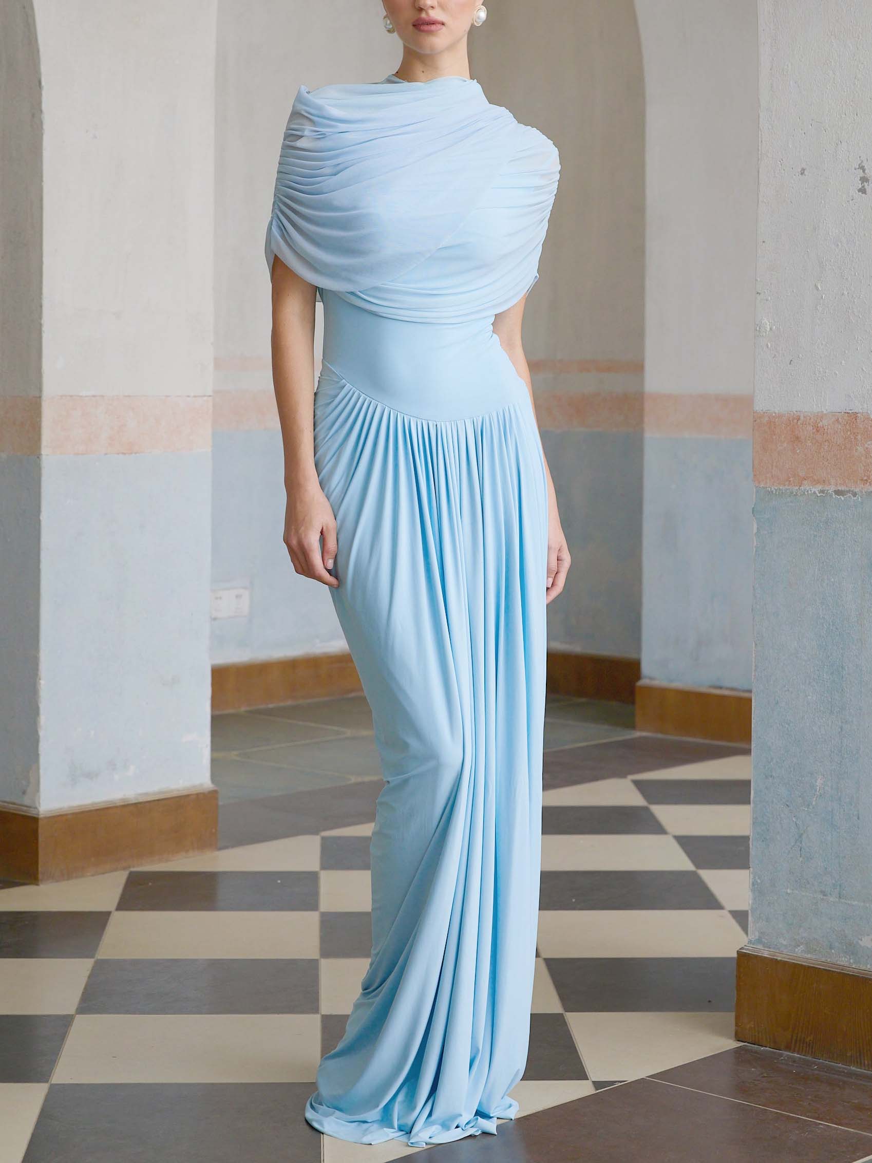 Elegant Asymmetric Ruffled Short Sleeve Maxi Dress