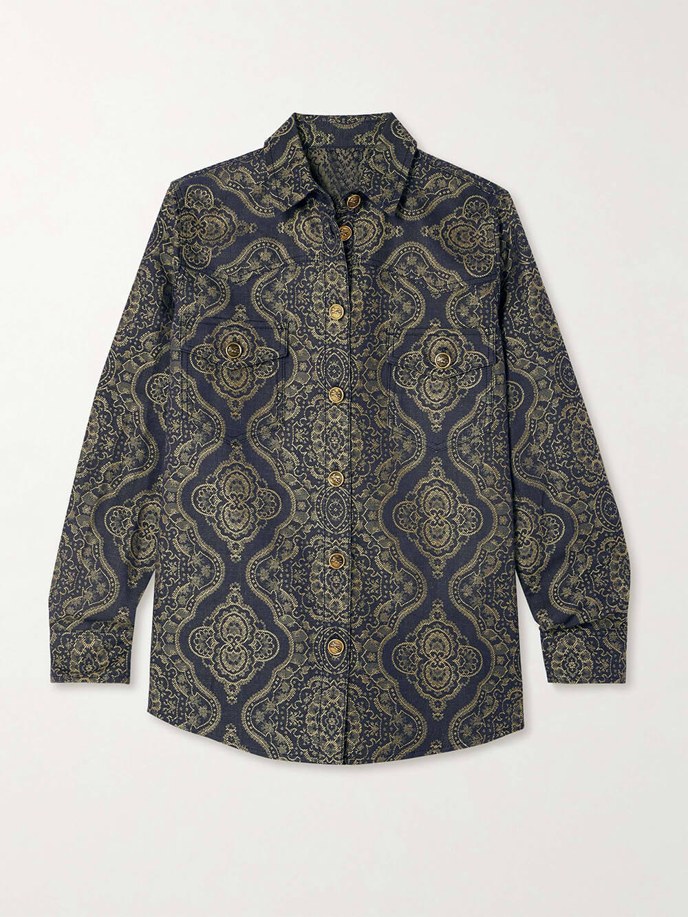 Retro Ethnic Print Denim Jacquard Button-Up Shirt