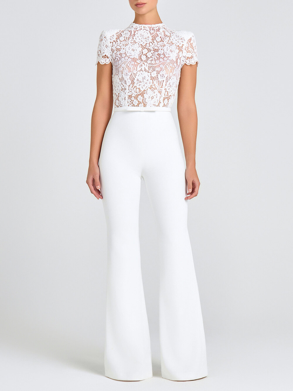 Elegant Lace Panel Bow-Tie Belt Jumpsuit