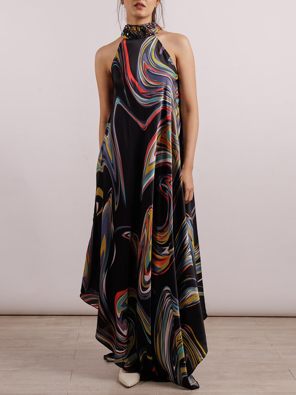 Casual Unique Galaxy Print Asymmetric Halter Long Dress