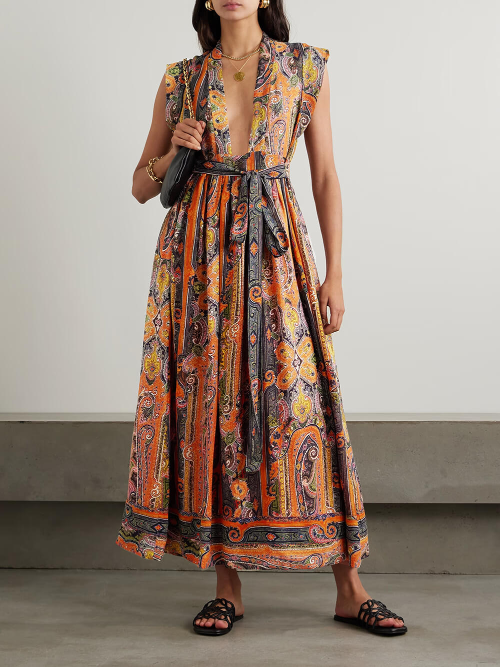 Delicate Belted Paisley Print Satin Maxi Dress