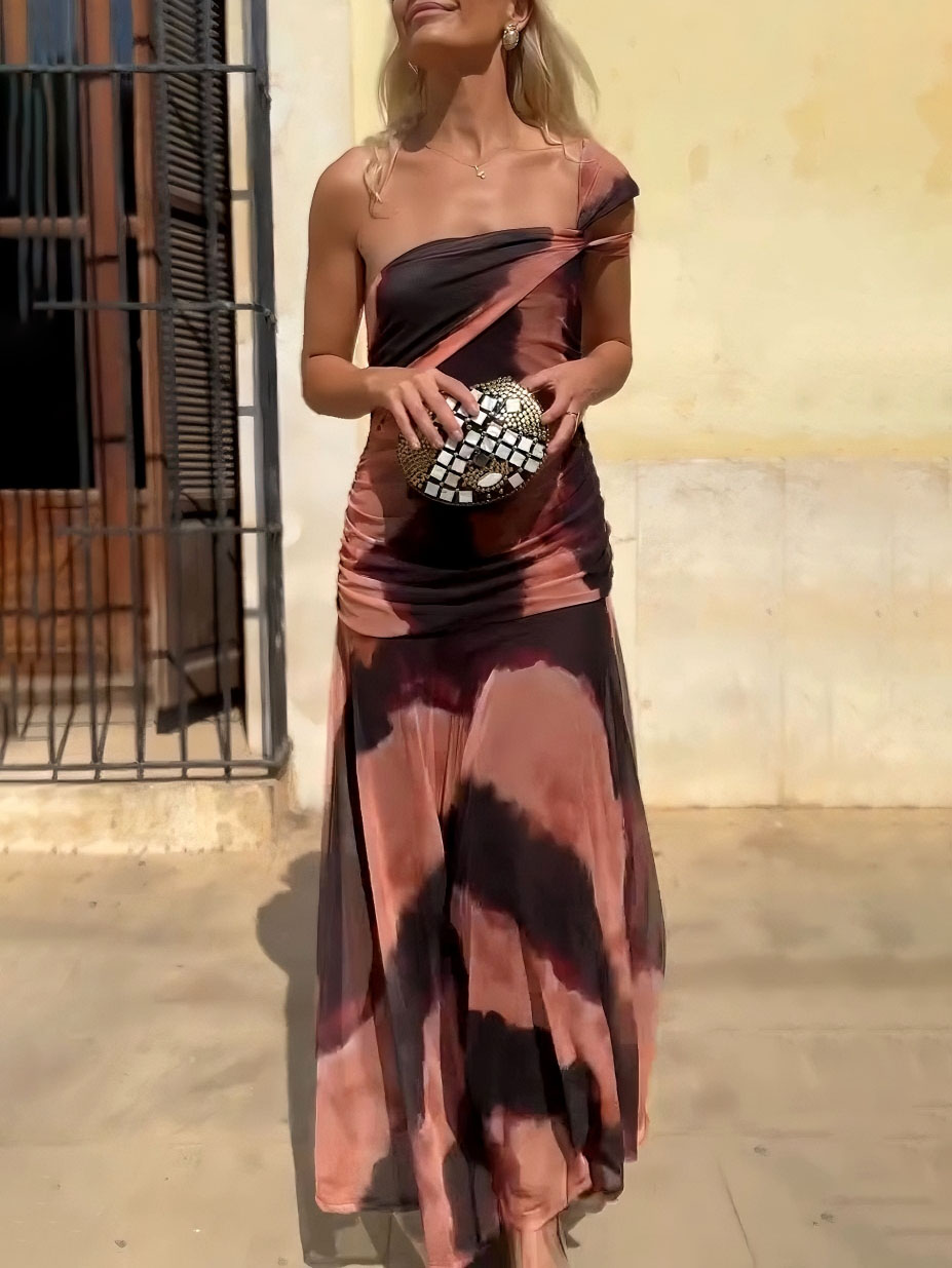Elegant One-shoulder Tie-dye Striped Print Maxi Dress