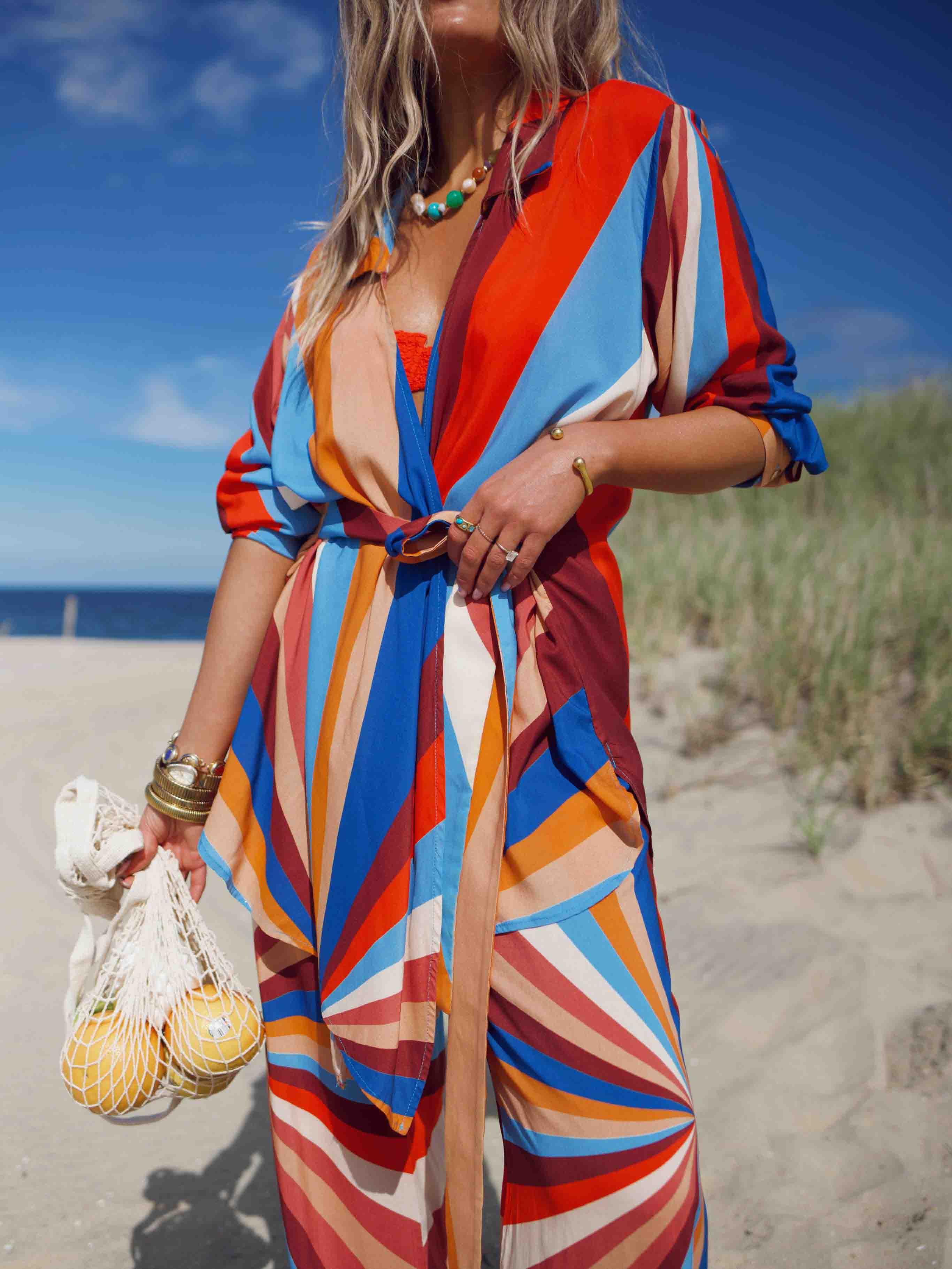 Vibrant Geometric Stripe Tie-Waist Shirt