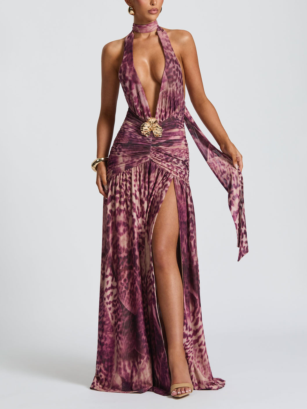 Elegant V-neck Abstract Phalaenopsis Prints A Magic Blue