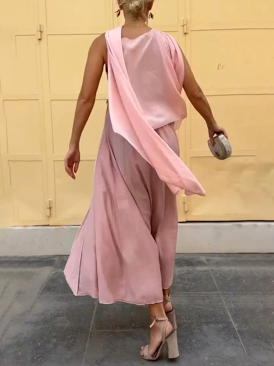 Elegant Draped Spaghetti Strap Maxi Dress With Scarf