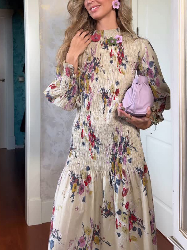 Elegant Crinkled Floral Print Puff Sleeve Maxi Dress