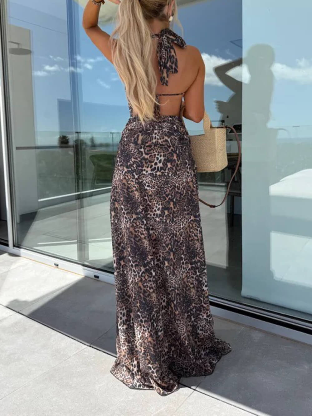 Elegant Printed Tie-Waist Cutout with Cowl Neck Maxi Dress