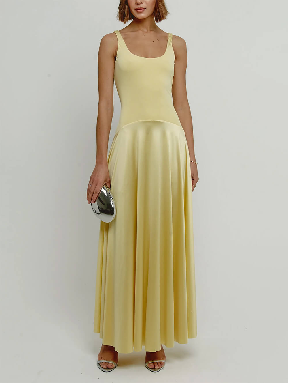 Elegant Curved Waist Spliced ​​Satin Party Maxi Dress