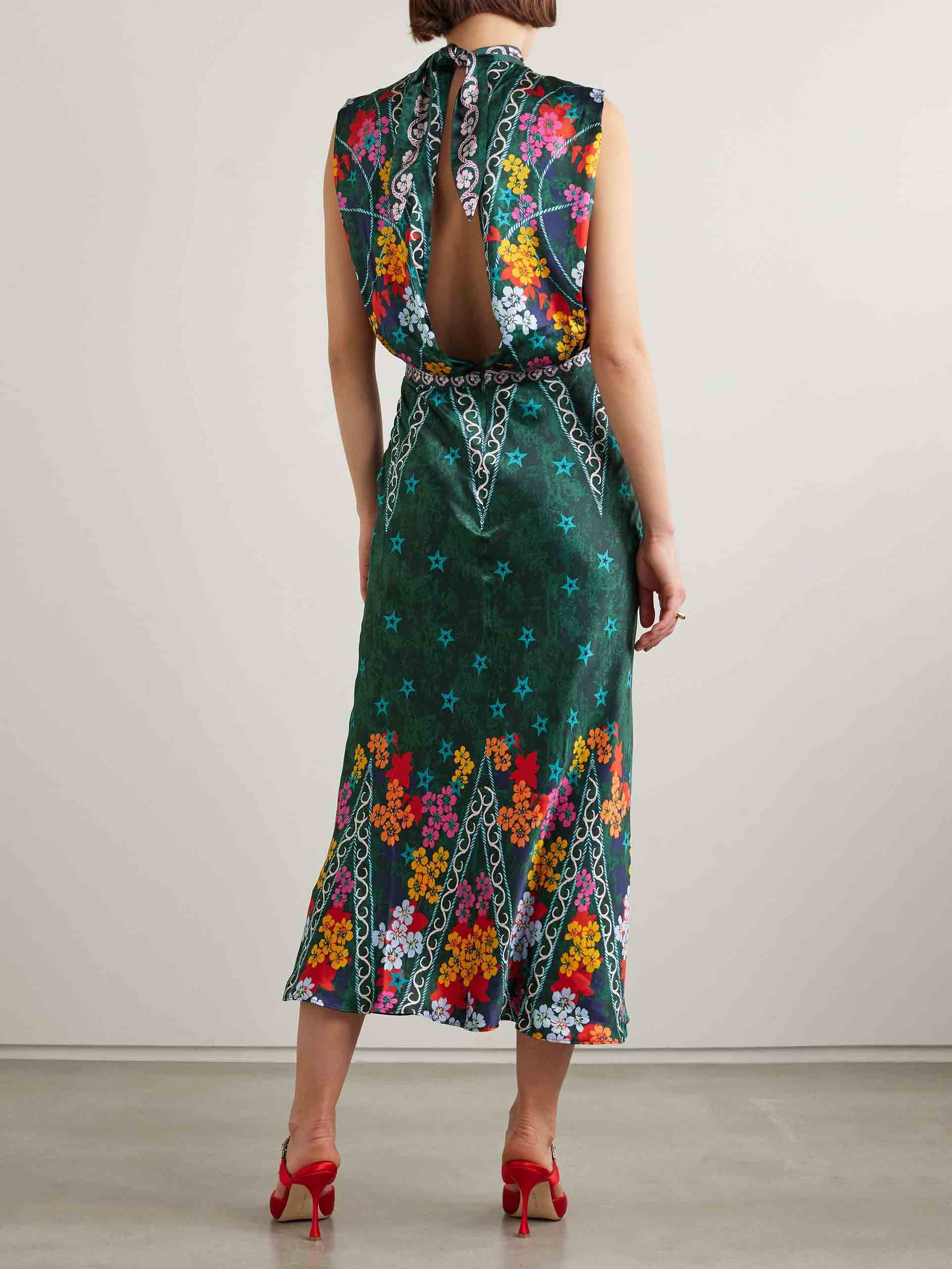 Retro Star Floral Print Satin Midi Dress