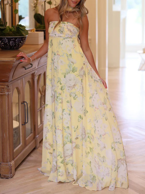 Elegant Off-the-Shoulder Chiffon Printed Scarf Maxi Dress