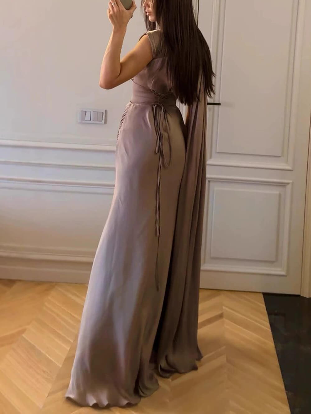 Elegant Draped Sash Satin Evening Gown Maxi Dress