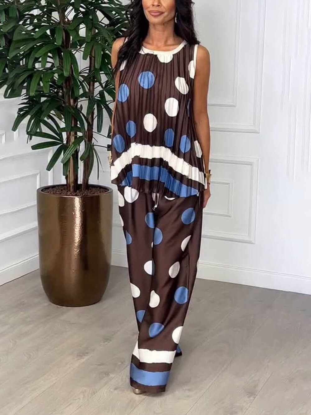 Retro Ruched Circular Print Colorblock Elastic-Waist Pocket Wide-Leg Pants