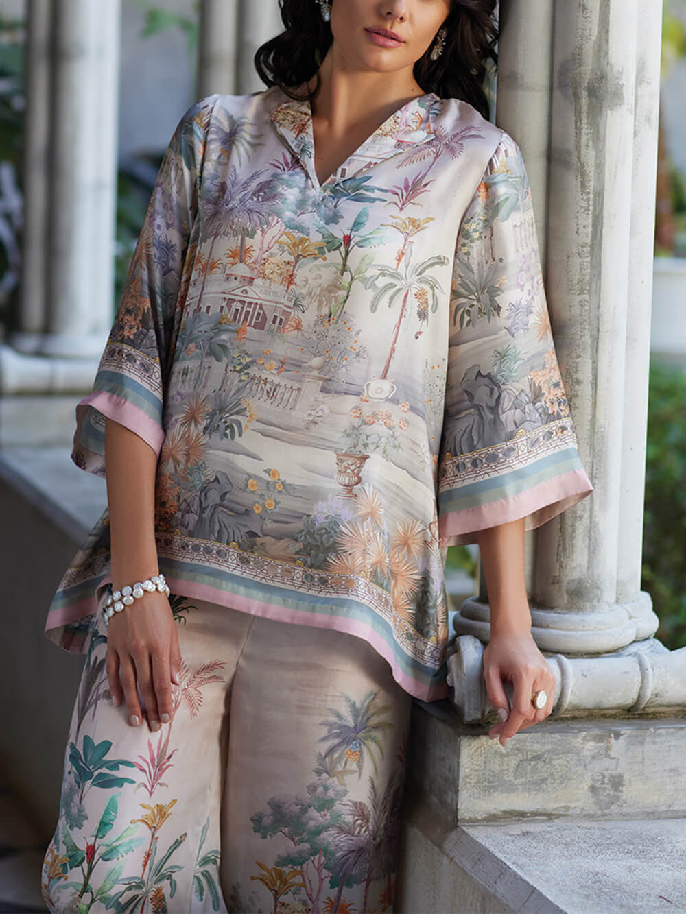 Playful And Elegant Digital Print Flared Sleeve Loose Oversized Shirt