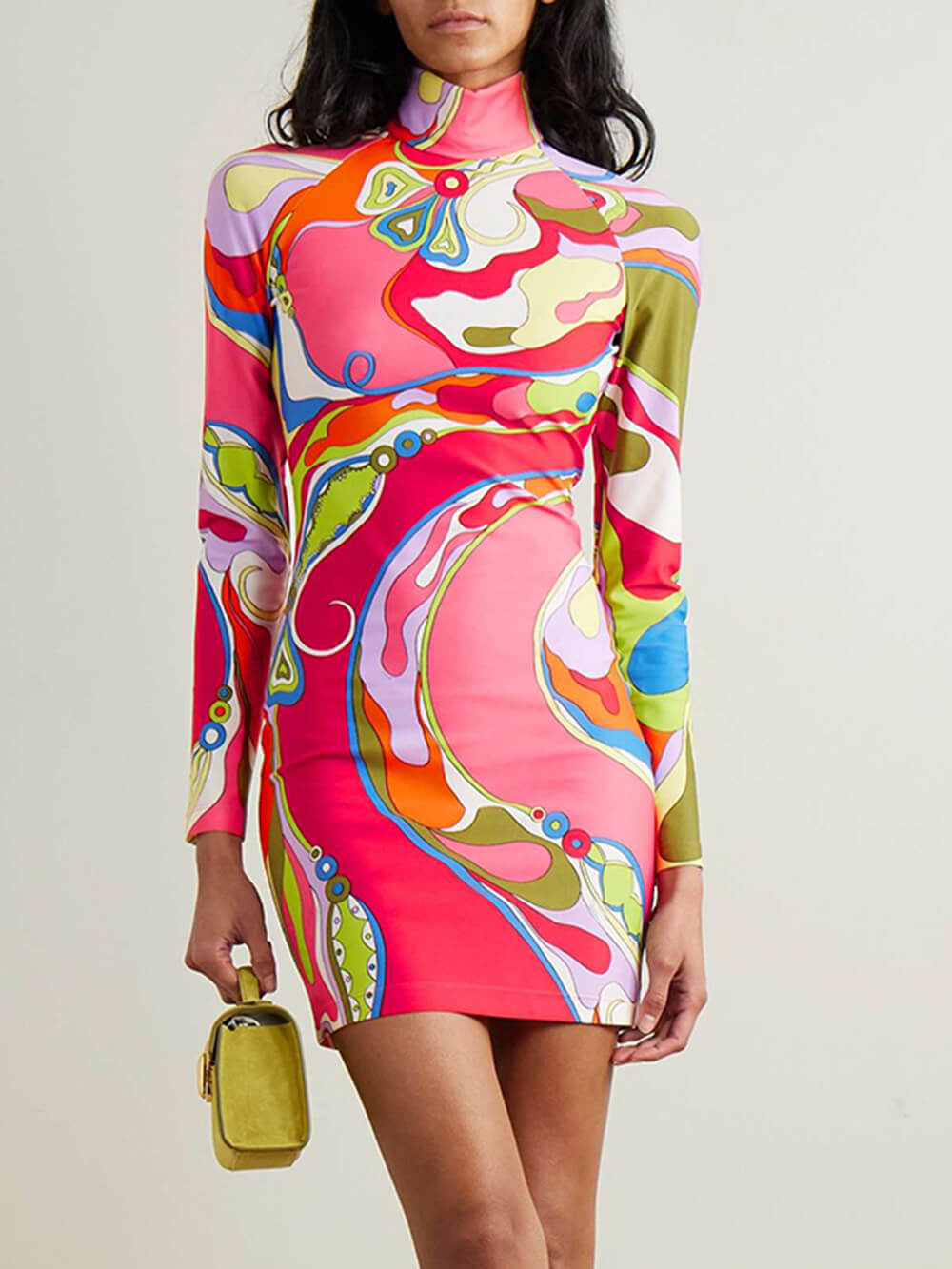 Retro Print Stretch Twill Turtleneck Mini Dress