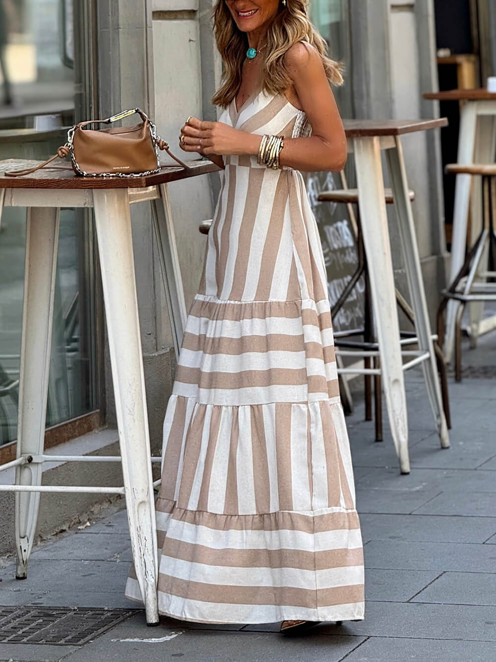 Summer Striped Print Patchwork Ruched Backless Maxi Dress