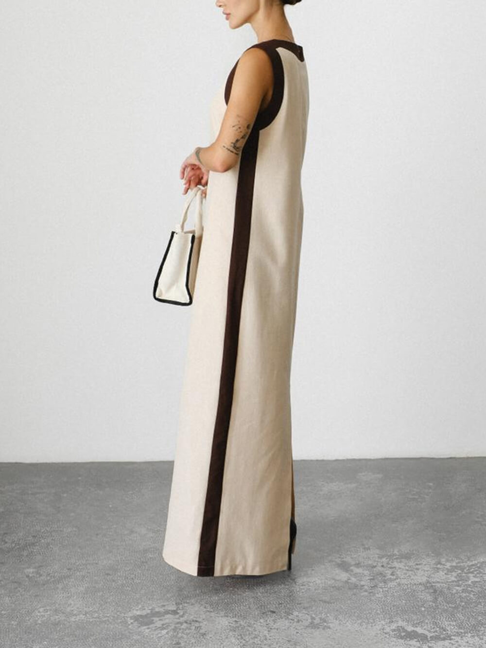 Unique Retro Colorblock Belted Linen Maxi Dress