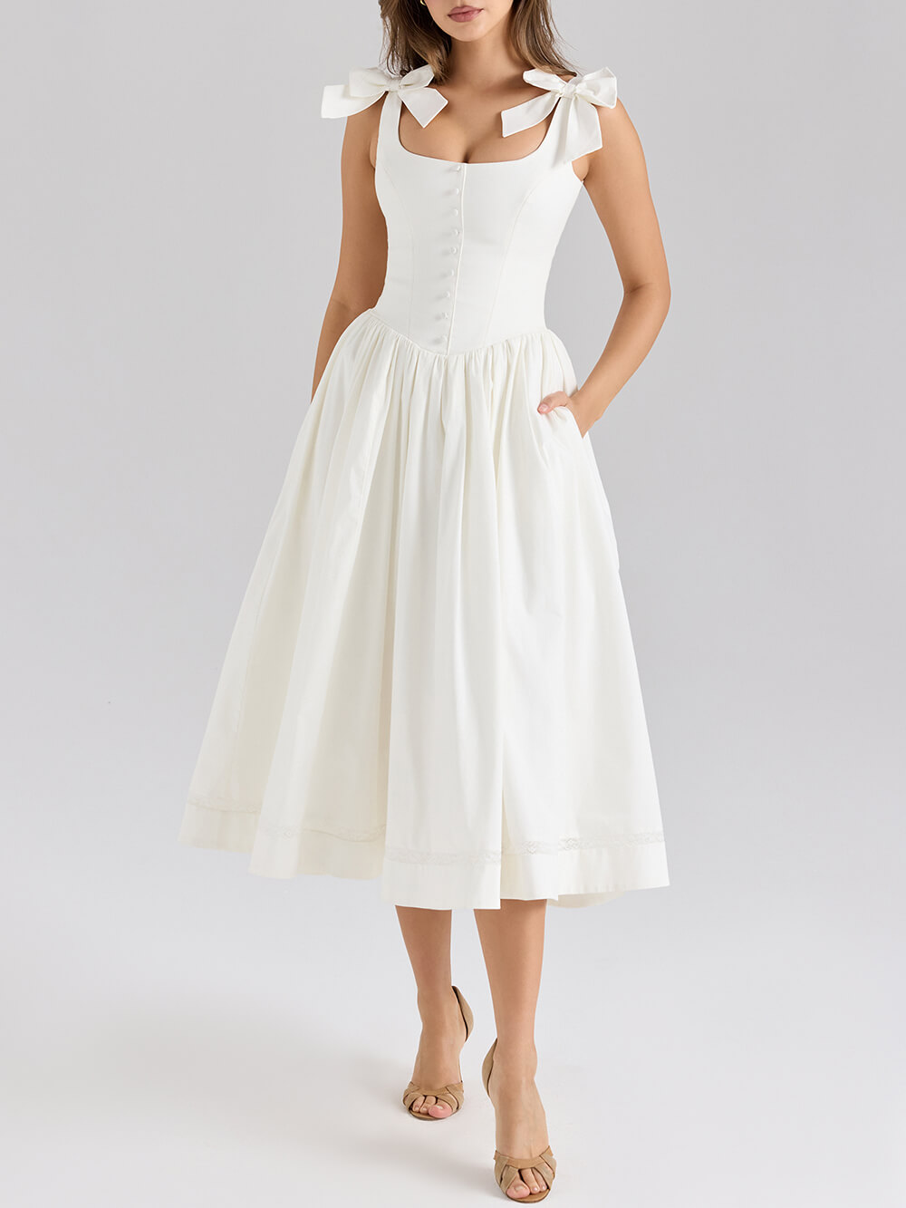 Retro Drape Bow Pleated Midi Dress