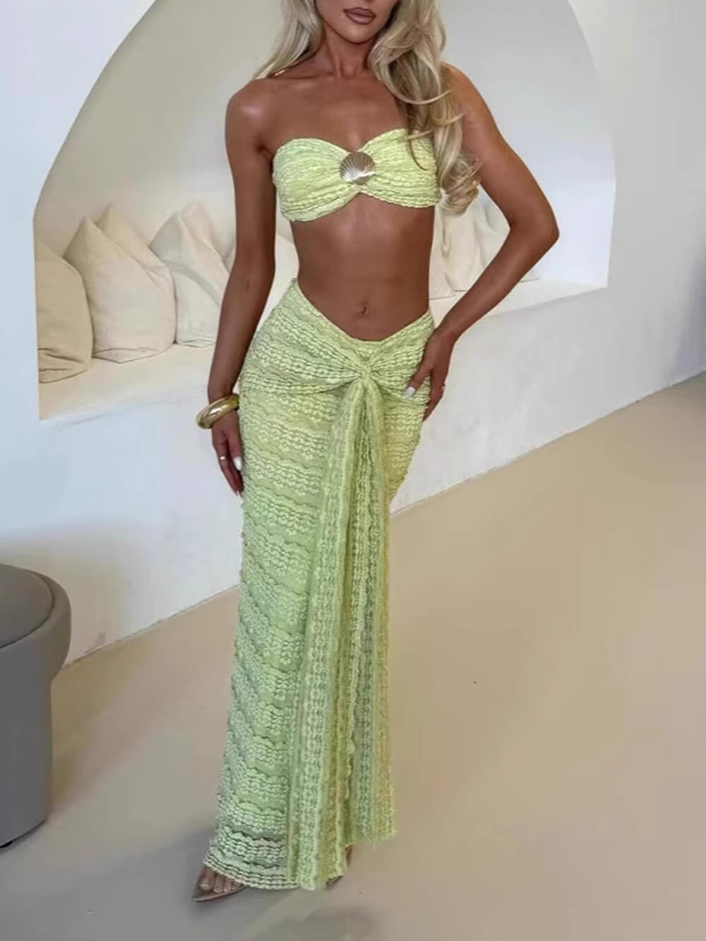 Elegant Strapless Shell-Embellished Top & Ruched Skirt Set