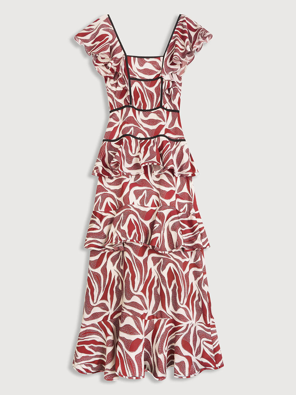 Retro Unique Layered Print Contrast Ruffle Trim Maxi Dress