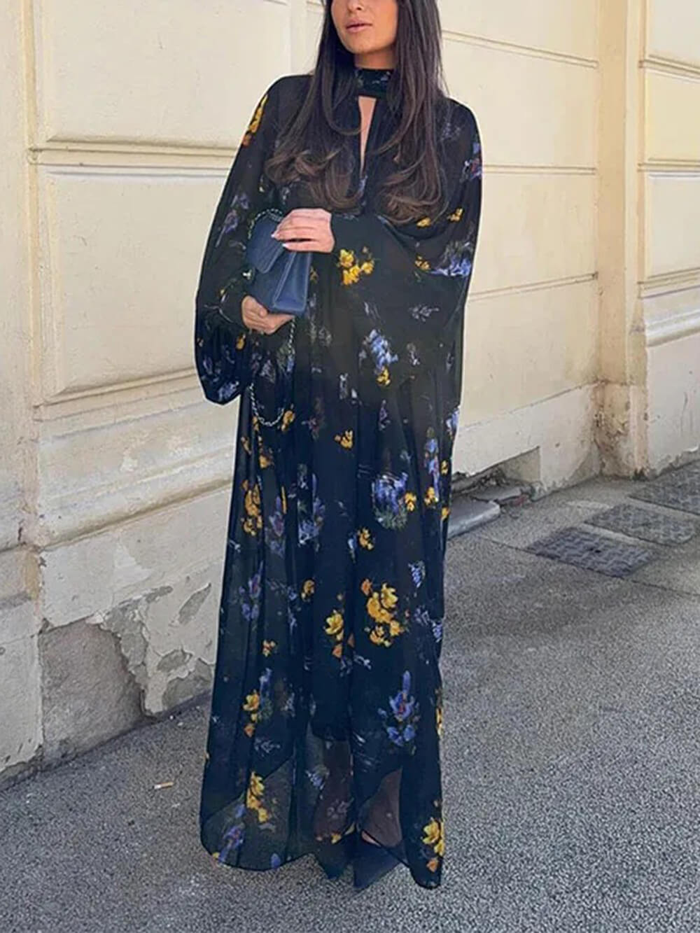 Elegant Floral Print High-Neck Lantern Sleeve Bohemian Maxi Dress