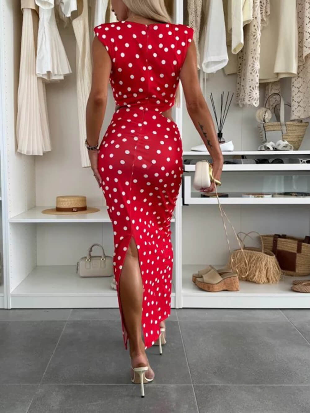 Elegance Timeless Polka Dot Print Cutout Maxi Dress