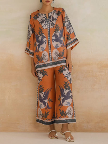 Retro Modern Floral Print Contrasting Stitching Elastic Waist Wide-Leg Pants