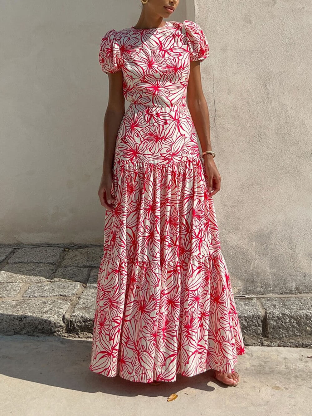 Beautiful Floral Print Cutout Open Back Pleated Maxi Dress