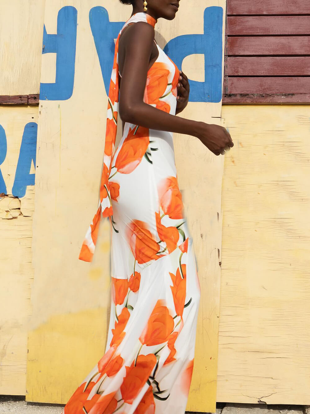 Exquisite Satin Open Back Floral Print Maxi Dress