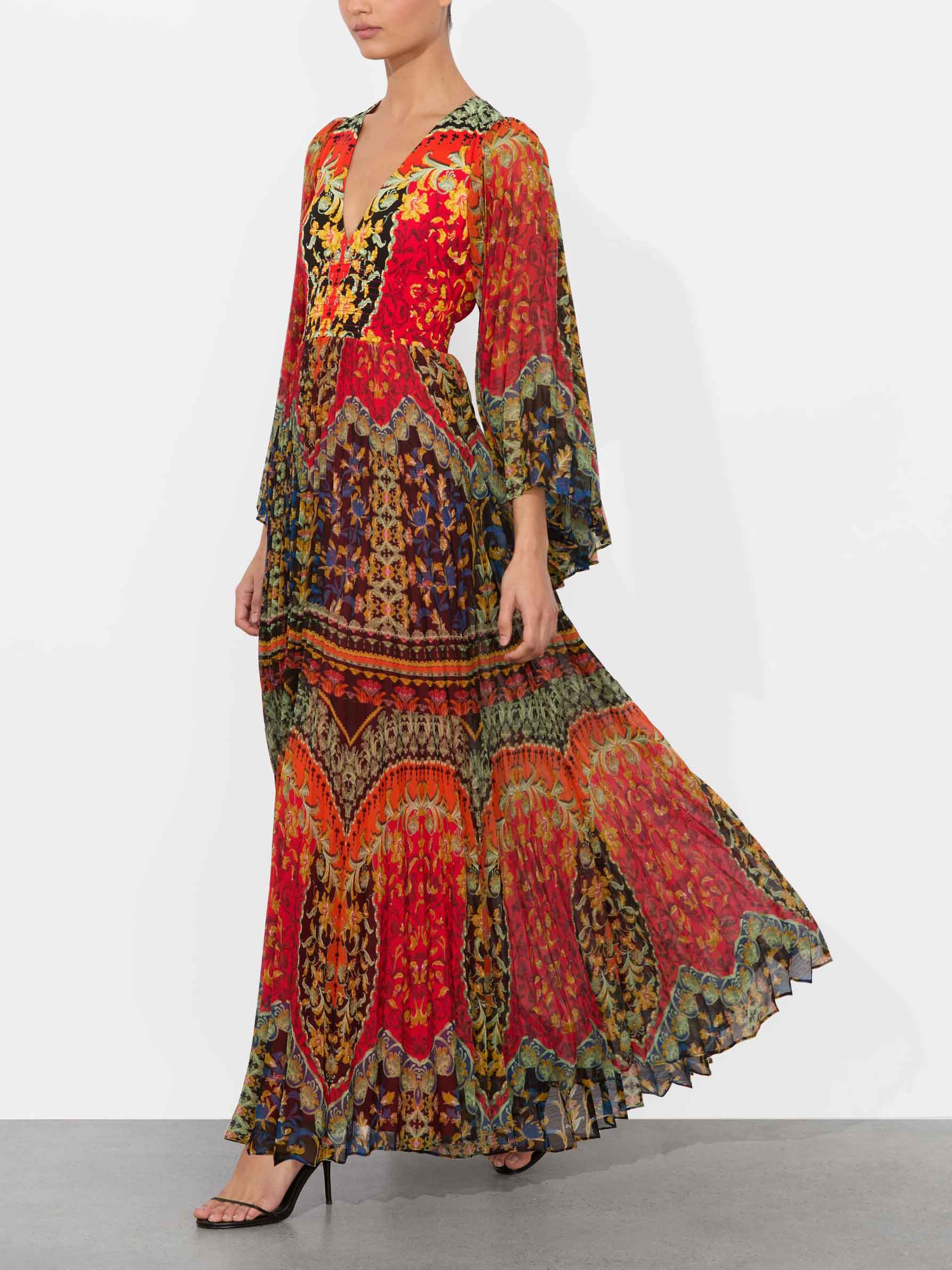 Elegant Vintage Floral Print V-Neck Pleated Maxi Dress