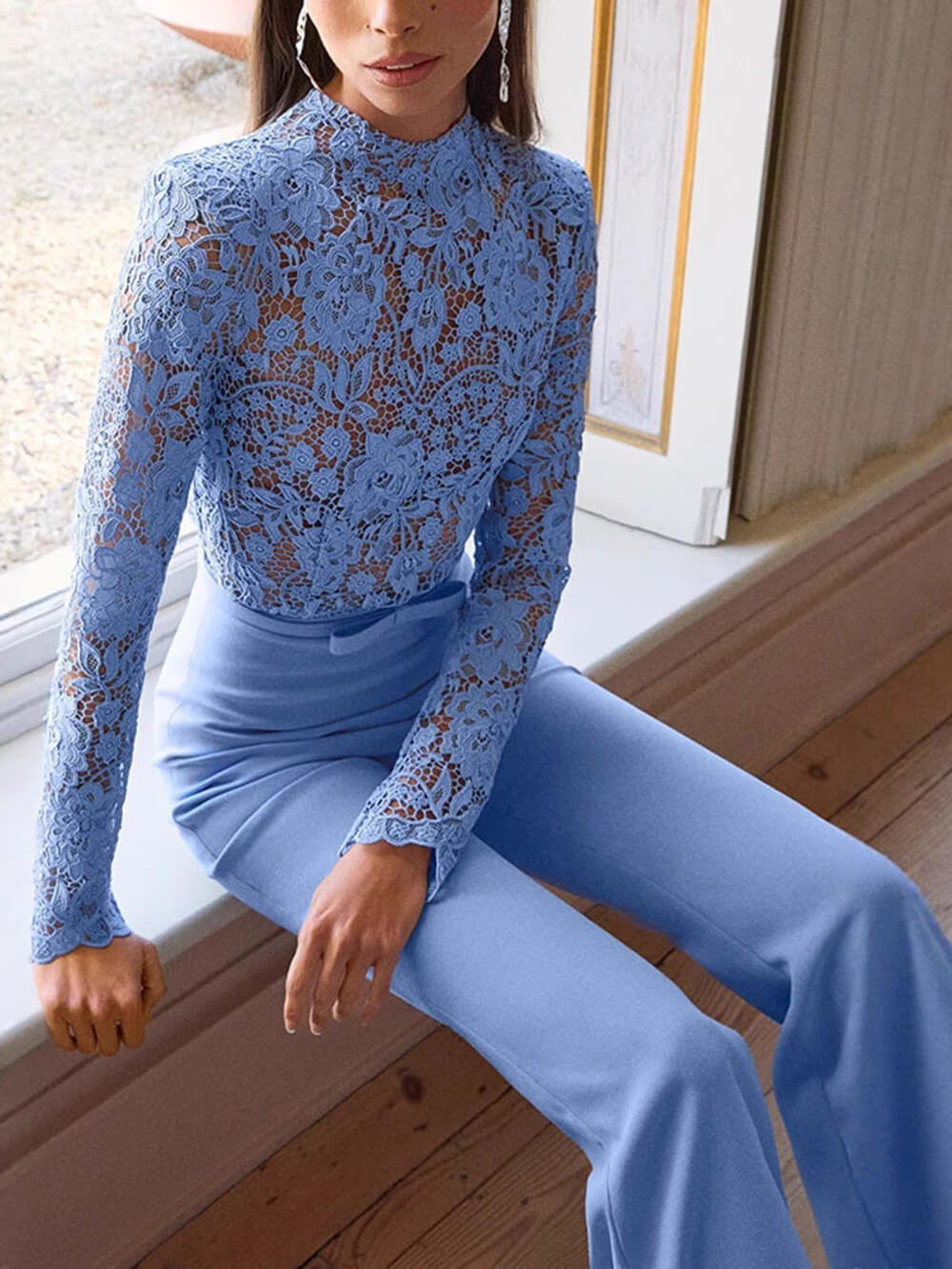 Elegant Party Charmer Flower Lace Patchwork Long Sleeve Bow Belted Flare Jumpsuit