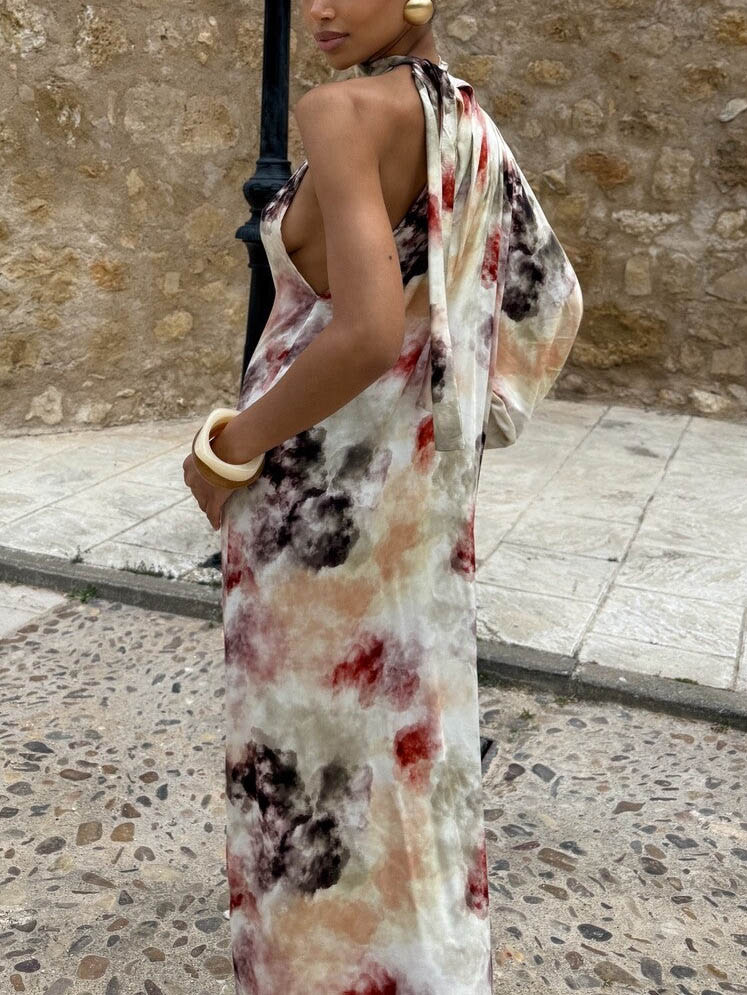 Unique Watercolor Print Single Puff Sleeve Maxi Dress