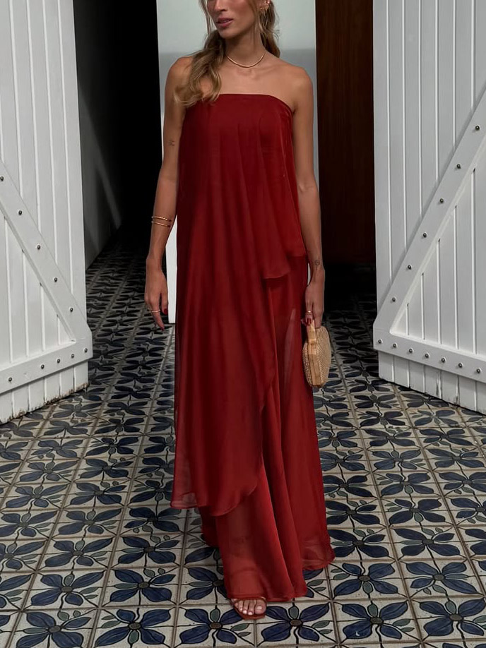 Elegant Strapless Layered Sheer Chiffon Two-Piece Set